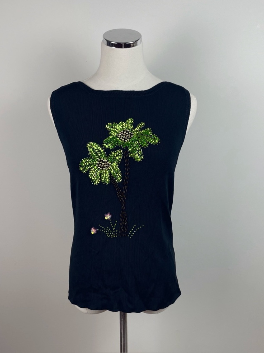 Lucia Burns Black Green Sequin Beaded Floral Blouse Knit Top Women Medium